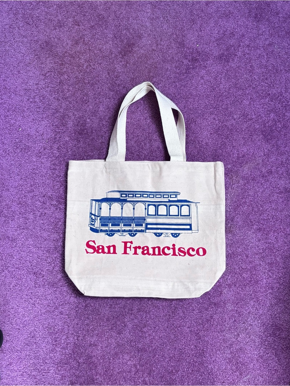 San Francisco Cable Car Canvas Tote - White with Blue & Red Print
